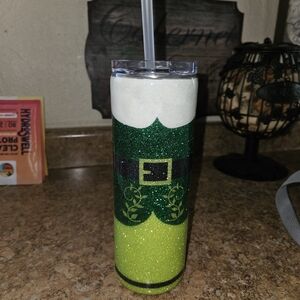 Green Glitter Elf Tumbler with Straw